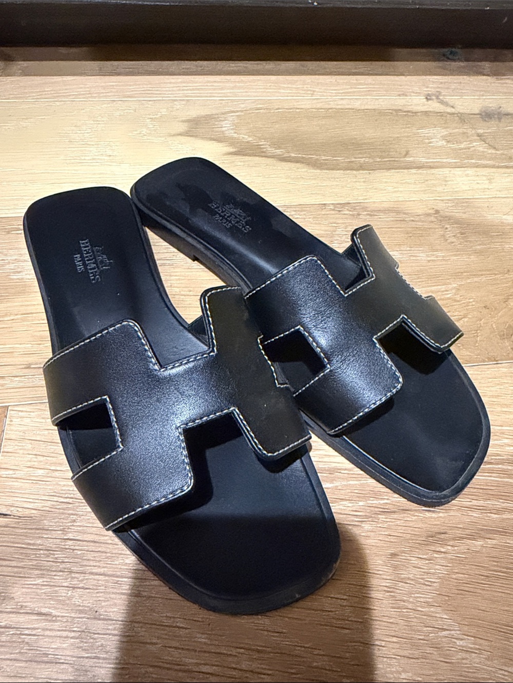 Hermes Black Leather Slide Sandals - Women's Fashion Slides 36
